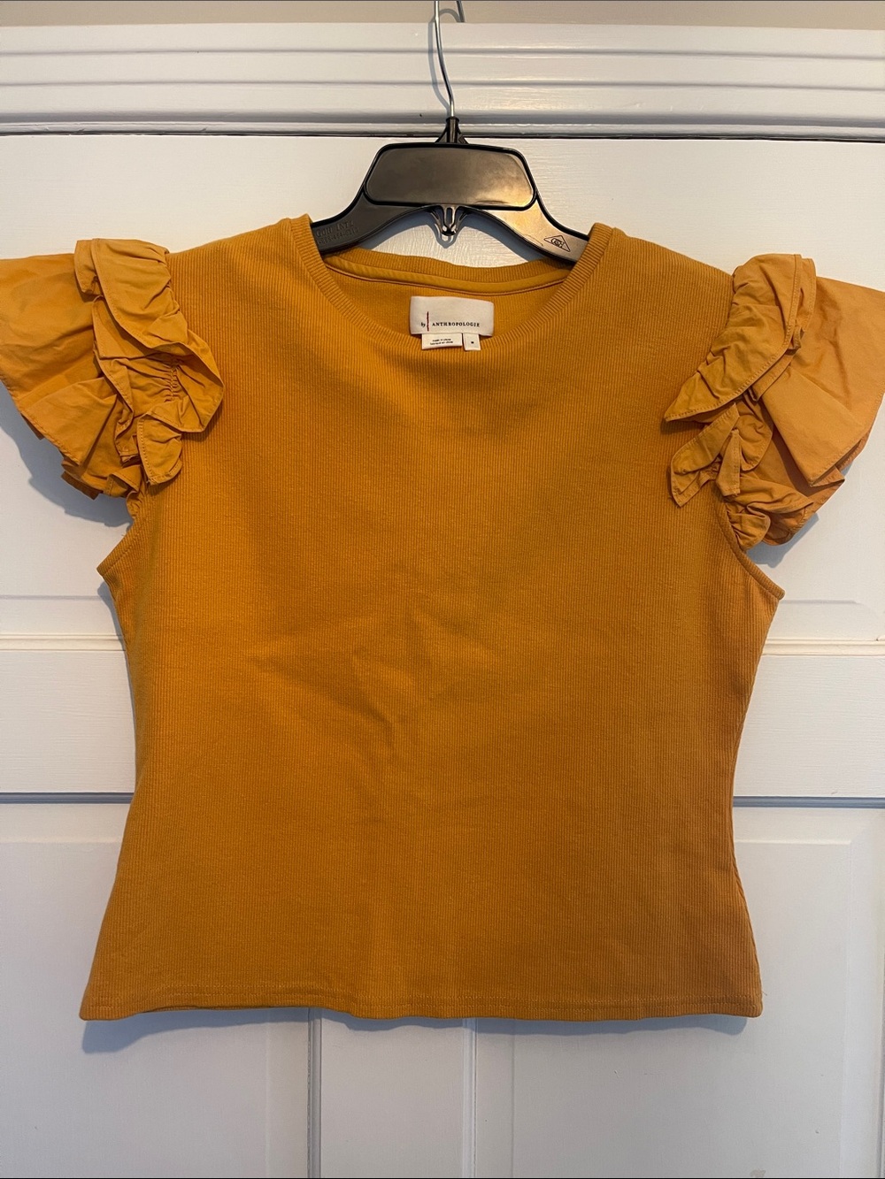 Anthropologie Mustard Ruffle-Sleeve Ribbed Tee